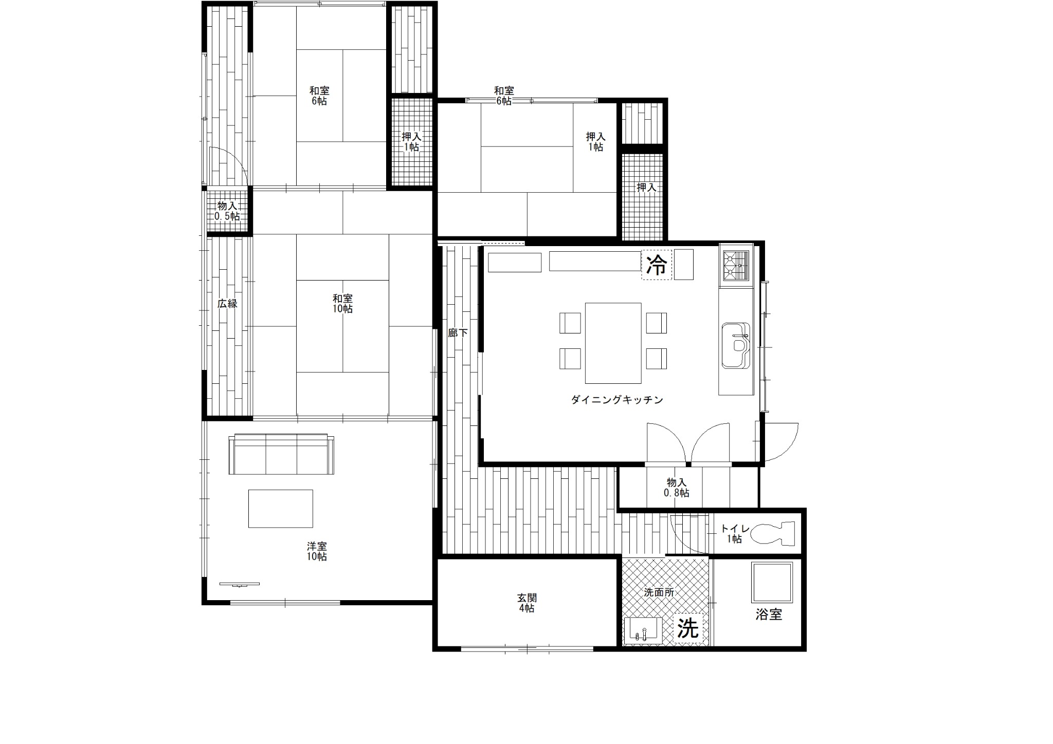 宿泊体験住宅の間取り図。和室3室、洋室、ダイニングキッチン、浴室、洗面所、トイレ、玄関があります